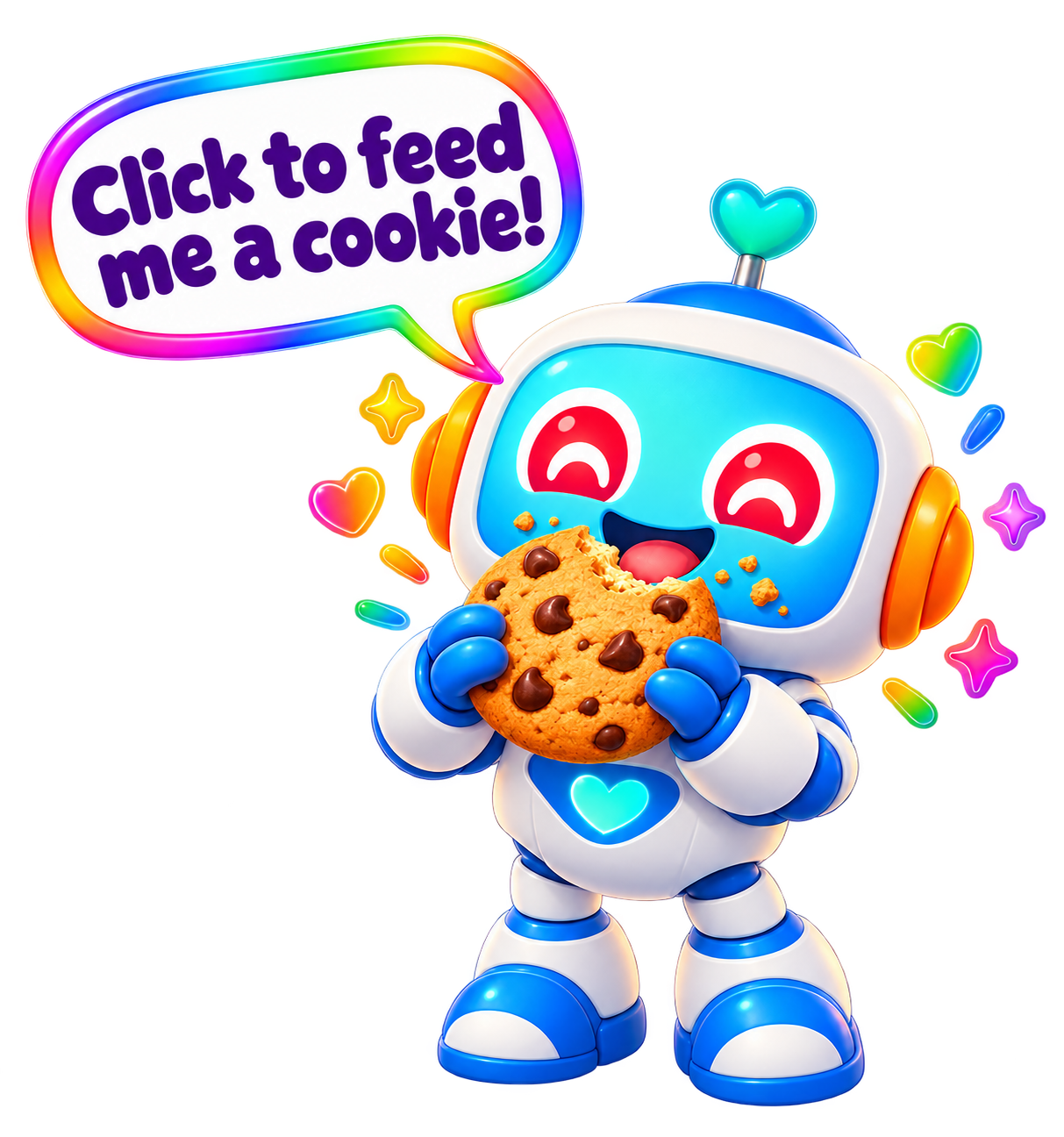 Chance the robot eating a cookie, saying: Click to feed me a cookie!