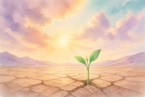 Watercolor of a green sprout growing through cracked earth in morning sunlight