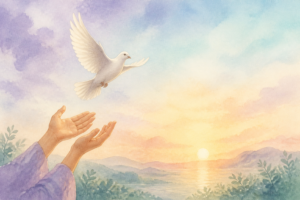 Watercolor of hands releasing a white dove into a sunrise sky