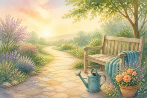 Watercolor of a sunlit garden path with a bench and blooming flowers