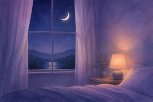 Watercolor of a peaceful bedroom window at night with a crescent moon