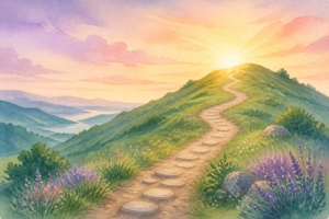 Watercolor of a winding trail climbing a green hill toward the sunrise