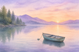 Watercolor of a still lake at dawn with a small rowboat