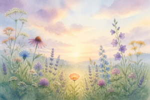 Watercolor of a meadow of different wildflowers blooming at their own pace