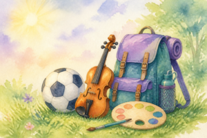 Watercolor of a soccer ball, violin, paintbrush and backpack on sunny grass