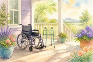 Watercolor of a wheelchair and walker on a sunny porch with flowers