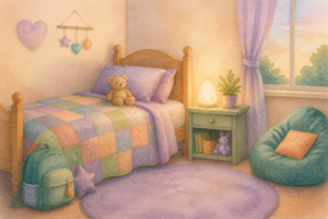 Watercolor of a cozy child's bed with a quilt, teddy bear and backpack