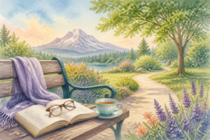 Watercolor of a park bench with reading glasses, a book and tea, mountains beyond