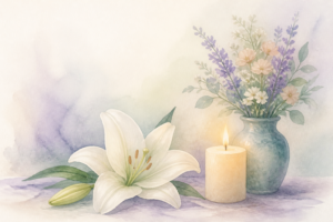 Watercolor of a white lily and a lit candle beside a vase of flowers