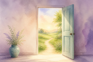 Watercolor of an open door with morning light and a meadow path beyond