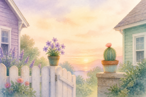 Watercolor of a flowering cactus and a potted flower on a garden fence between two houses