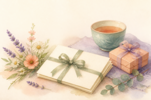 Watercolor of blank cards tied with ribbon beside wildflowers, tea and a small gift