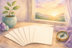 Watercolor of blank cards fanned beside a compass, a sprouting plant and a sunrise window